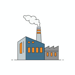 Obraz premium Blue and gray factory building with orange windows and smoking chimney