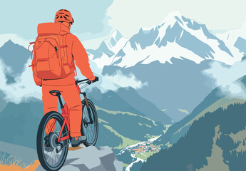 Fototapeta premium Cyclist looks over valley with mountains in background during a sunny day in the Swiss Alps