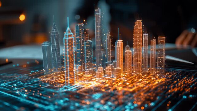An architect brings architectural designs to life with 3D holographic construction models. The concept of innovation in architecture and futuristic design. Generative Ai.