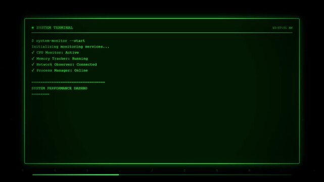 System Terminal Performance Dashboard with CPU Memory and Network Monitoring Metrics.