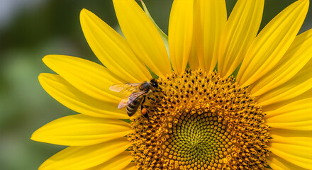 Obraz premium Close-up of yellow sunflower with bee on blurred green background