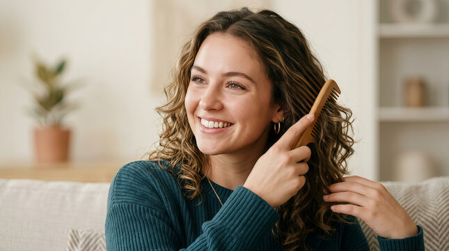 A woman with curly hair smiling and combing her locks