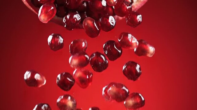 Pomegranate seeds falling against red background
