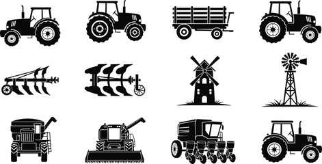 Agricultural machinery silhouettes collection with tractors, plow, seeder, combine harvester, windmill and trailer, farming equipment icons isolated on white background vector illustration set © boishakhisarker