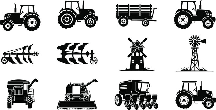 Agricultural machinery silhouettes collection with tractors, plow, seeder, combine harvester, windmill and trailer, farming equipment icons isolated on white background vector illustration set
