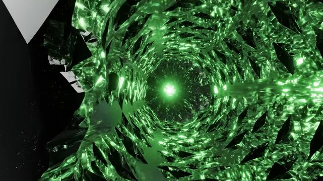 Spinning Emerald Portal Forms Futuristic Crystal Tunnel
