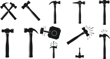 Collection of hammer and mallet silhouettes with striking action icons, carpentry hand tool set for construction, woodworking, repair workshop and DIY © boishakhisarker