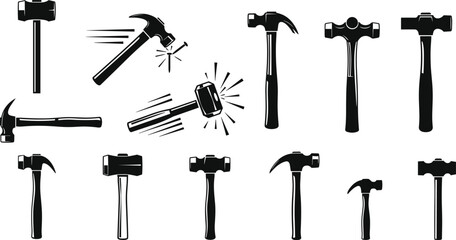 Collection of hammer and mallet silhouettes with striking motion icons, carpentry hand tool set for construction, woodworking, repair workshop and DIY projects © boishakhisarker