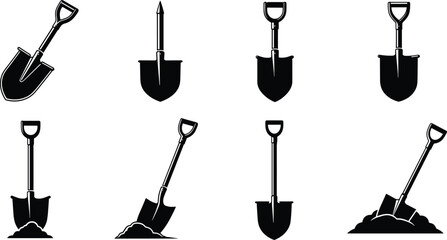 Collection of eight black silhouette shovel icons with D‑handle and pointed blade showing digging, construction, gardening, manual labor illustration © boishakhisarker