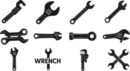 Fototapeta premium Collection of wrench, spanner and adjustable wrench silhouettes, mechanic hand tool icon set for repair, construction, plumbing and workshop maintenance