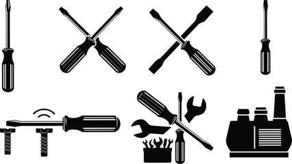 Fototapeta premium Collection of screwdriver silhouettes with repair tools and factory icon, hand tool set for construction, maintenance, workshop engineering and DIY projects
