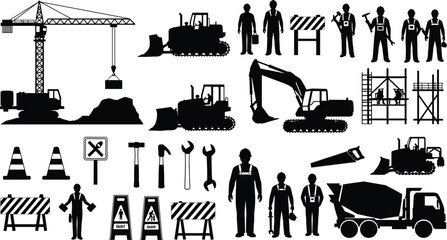 Obraz premium Construction workers, heavy machinery and safety equipment silhouettes set including crane, bulldozer, excavator, cement mixer, tools and warning signs for engineering 