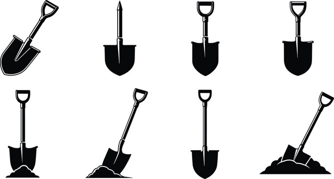 Collection of eight black silhouette shovel icons with D‑handle and pointed blade showing digging, construction, gardening, manual labor illustration