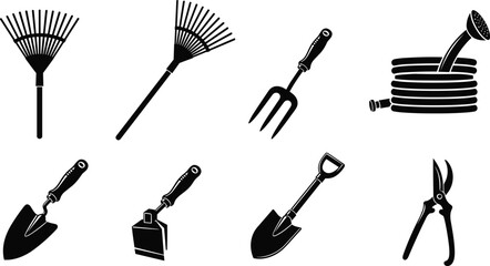 Gardening tools silhouettes collection with rake, fork, hose, trowel, shovel and pruner, garden equipment icons for landscaping and yard work isolated on white background vector set © urmilarani