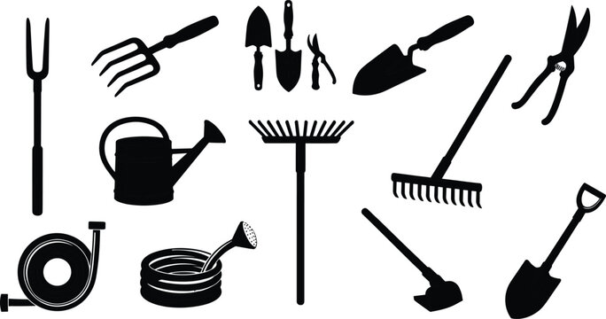 Garden tools silhouette set with rake shovel fork watering can hose pruning shears and hand tools isolated on white background for gardening landscaping and agriculture use