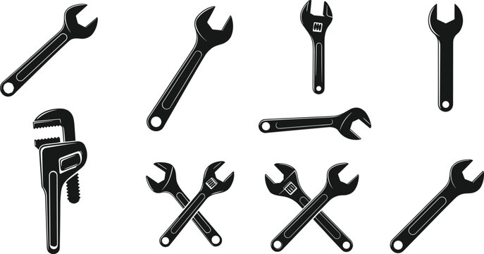 Set of wrench and spanner tool silhouettes including adjustable wrench pipe wrench and crossed spanners isolated for mechanical repair workshop design