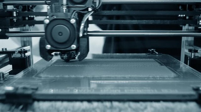 3D printer. 3D printer printing object close-up. 3D printer printing model blue color. Working 3D printer. Concept printing technology. New modern additive progressive technology. FDM technologies