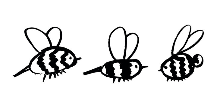 Set of hand drawn happy funny cute honey bee clipart Adorable flying striped insect friendly kawaii bumble bee For kids print, web, design, decor, logo