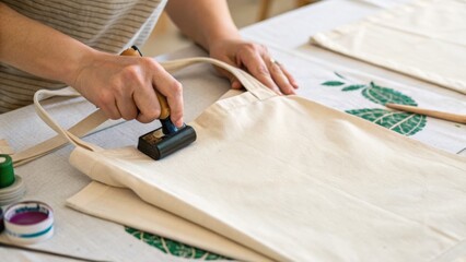 A person is using a stamp to print designs on beige fabric tote bags laid out on a table, involving a creative process of fabric printing or customization.
