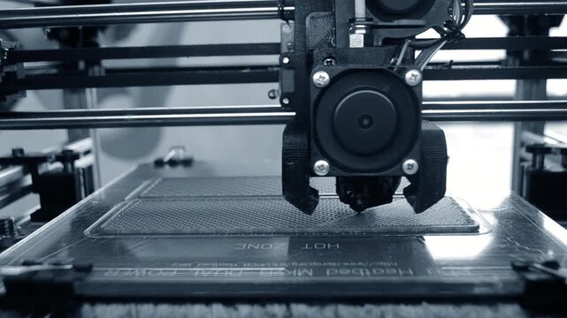 3D printer. 3D printer printing object close-up. 3D printer printing model blue color. Working 3D printer. Concept printing technology. New modern additive progressive technology. FDM technologies
