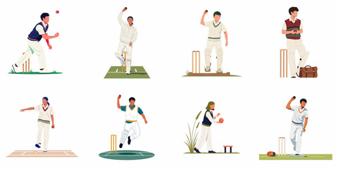 Collection of flat vector illustrations of diverse cricket players in various action poses, including bowling and fielding, isolated on a white background. © Sugik