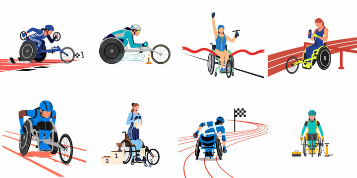 Vector illustration collection showing female athletes in wheelchair racing across various stages including training, competing, winning, and equipment maintenance.