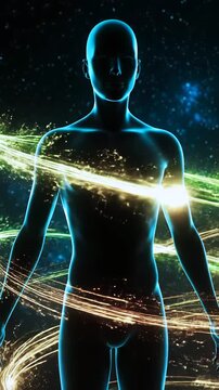 Energetic luminous display. Bright colors circle moving figure. Colorful lights envelop lively moving form. Vivid energy and radiant threads encompass dynamic figure in motion