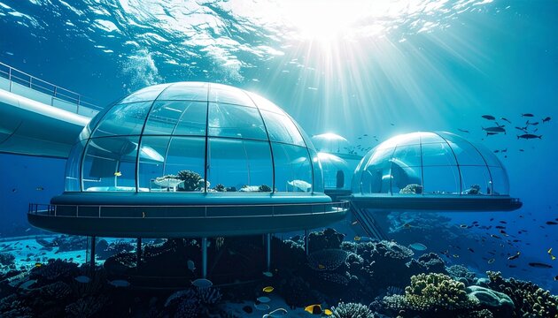 research station with large glass domes, schools of fish swim 