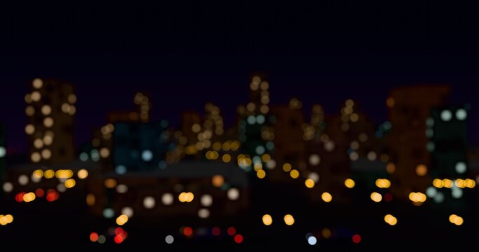 Abstract view of blurred city light from train. Defocused building lights from moving traffic on a urban night cityscape. Round colorful bokeh effect. 3D rendering.