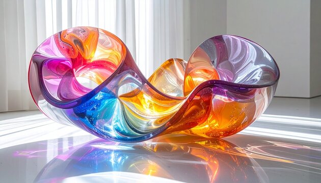 glass sculpture with colorful caustic patterns on a white 