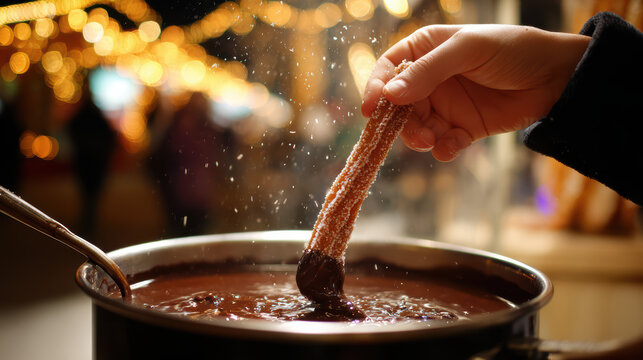 close-up of a hand dipping a churro in chocolate sauce