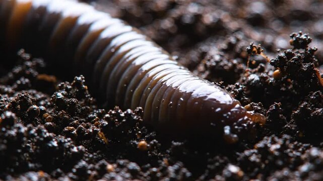Close-up of a large earthworm burrowing into dark, rich soil, illustrating decomposition and the work of nature