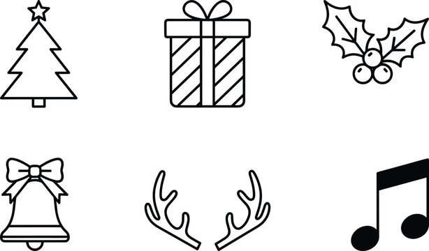Christmas icon set with tree gift holly bell antlers and music note outline vector illustration isolated on white background