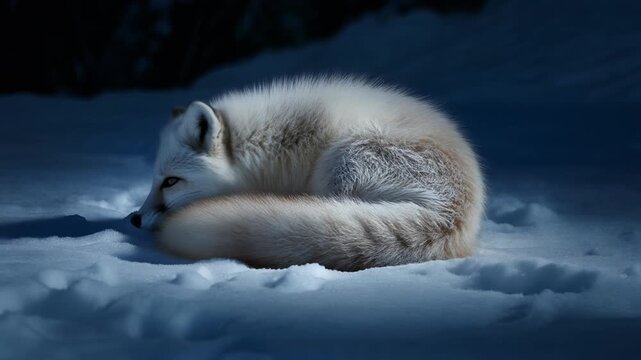 White arctic fox curled up in the snow during winter