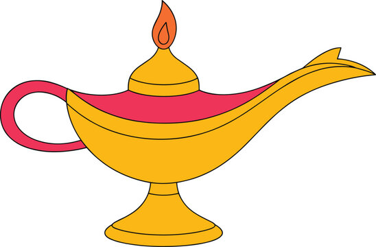 Magic genie lamp with flame cartoon style colorful vector illustration isolated on white background for fantasy, Aladdin story concept