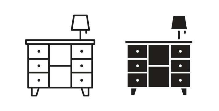 Bedside table icon line style collection. Simple black solid icons