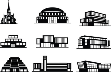 Fototapeta premium Modern and historical building silhouettes set including church museum office and cultural architecture isolated vector collection for urban design projects