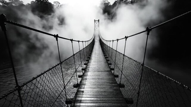 Black and white view of a suspension bridge with fog, leading towards an unknown destination with light