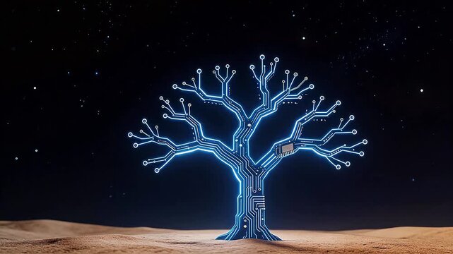 Cybernetic tree glowing in desert
