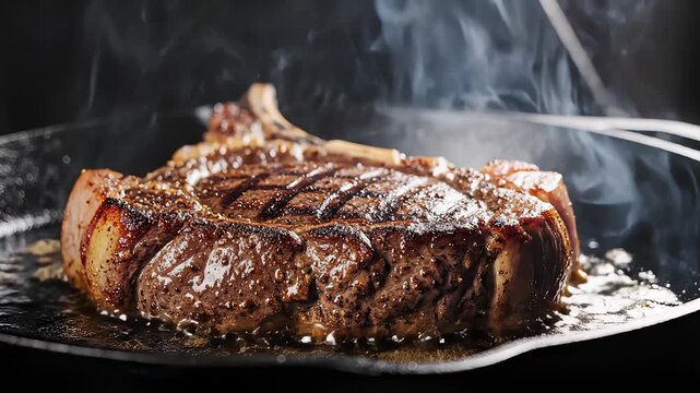 Searing Juicy Bone-In Steak Over Smoky Cast Iron Grill Tonight
