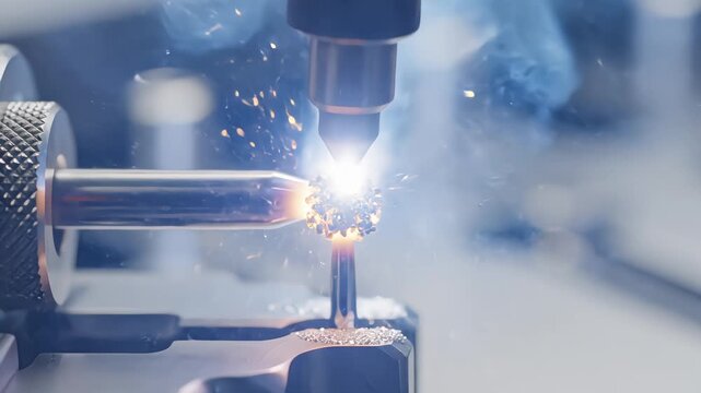 Macro view of precision laser welding and micromachining forming an intricate multifaceted metal sphere with bright flying sparks