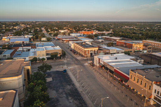 Aerial Drone View of Business Buildings Along Streets in Downtown Sweetwater, Texas