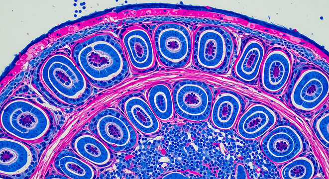 High-resolution microscopic view of a biological specimen, presenting a vibrant cross-section of complex tissue structures with multiple distinct cellular components and cellular organization