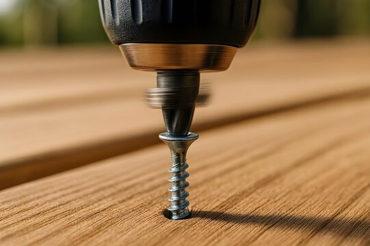 Macro Close-Up of Power Drill Driving Screw into Wooden Deck Board