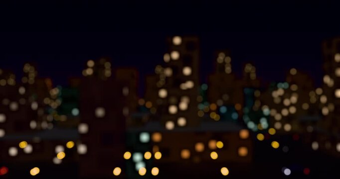 Abstract view of blurred city light from train. Defocused building lights from moving traffic on a urban night cityscape. Round colorful bokeh effect. 4K 3D rendering loop animation.