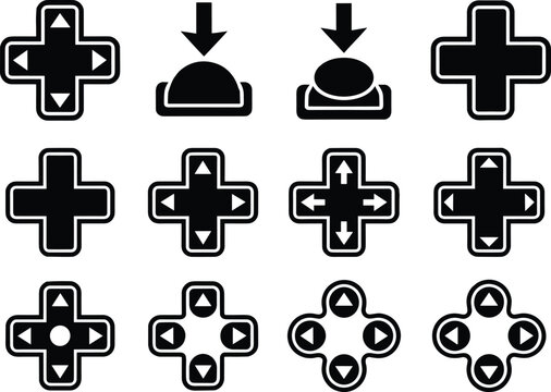 Directional dpad navigation buttons, game controller arrow icons, joystick control symbols, push button elements for gaming user interface, isolated.