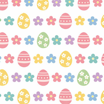 Seamless Easter Pattern with Decorative Eggs and Spring Flowers