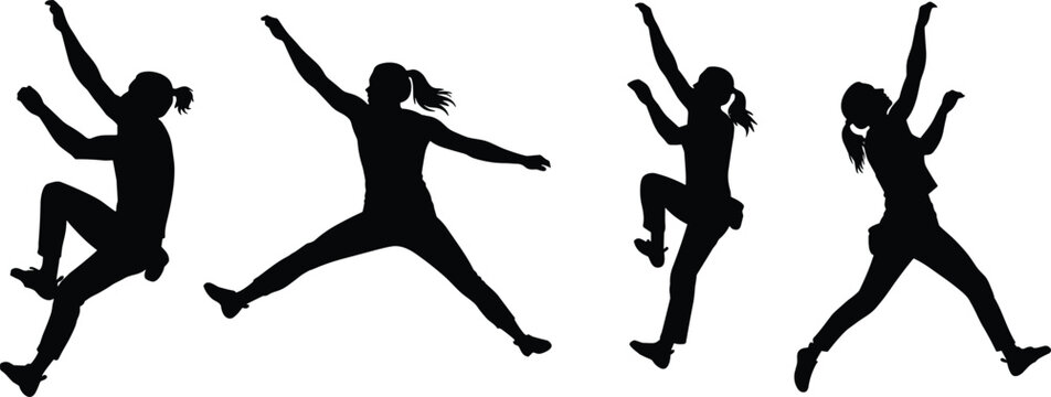 Female rock climber silhouette, bouldering athlete climbing, mountain wall scaling, extreme sport activity, indoor outdoor climbing gym, athletic woman training