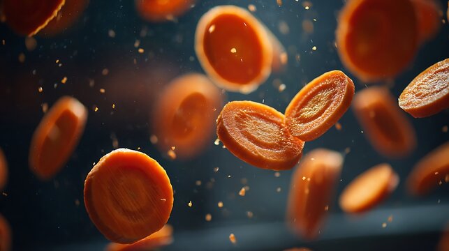 Bright orange vegetable slices suspend in dark, dynamic motion
