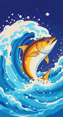 Fototapeta premium Blue ocean wave pattern featuring a cartoon fish illustration and summer sun element in a nature vector art design